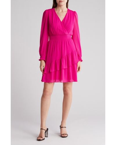 DKNY Smocked Long Sleeve Dress - Pink