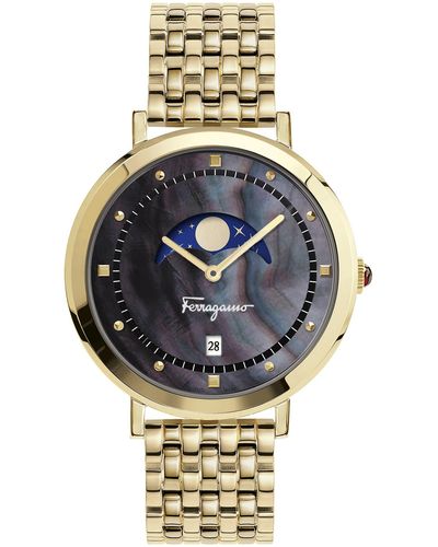 Ferragamo Salvatore Logomania Moon Phase Black Dial Stainless Steel Bracelet Watch - Metallic