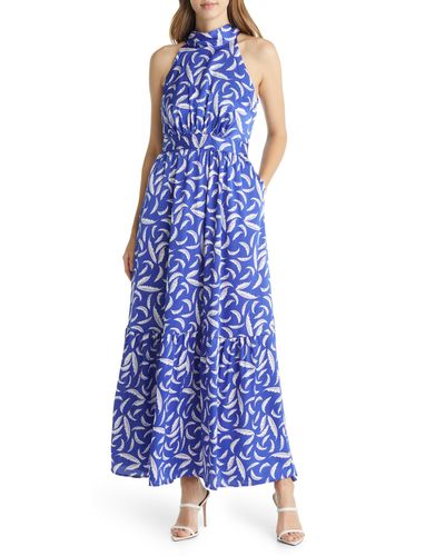 Tahari Leaf Print Stretch Charmeuse Maxi Dress - Blue