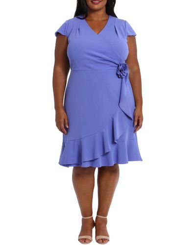 London Times Cap Sleeve Ruffle Dress - Blue