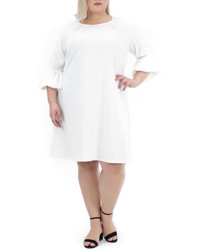 Nina Leonard Solid Three-quarter Bell Sleeve Shift Dress - White