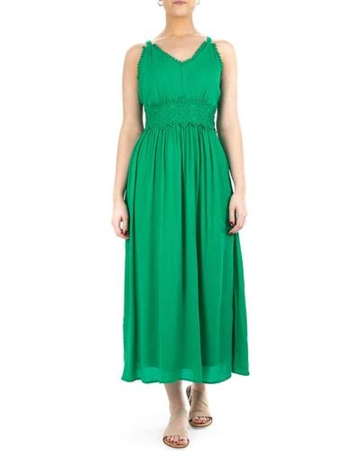 Nina Leonard Sleeveless Lace Trim Maxi Dress - Green