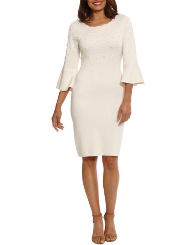 London Times Scalloped Neck Faux Pearl Cocktail Dress - Natural