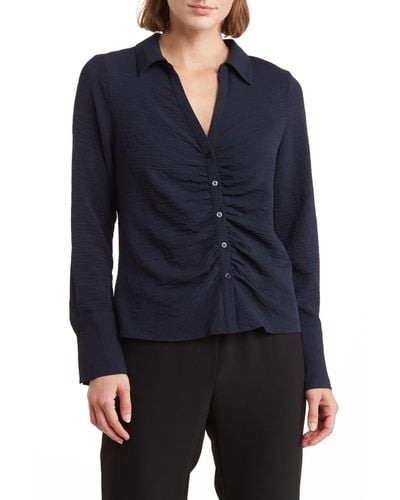 Laundry by Shelli Segal Ruched Long Sleeve Button Front Top - Blue