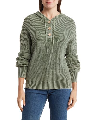 Blu Pepper Hooded Cotton Henley Sweater - Green