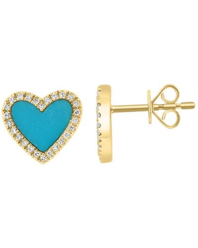 Effy 14k Yellow Gold Diamond Turquoise Heart Stud Earrings - Blue