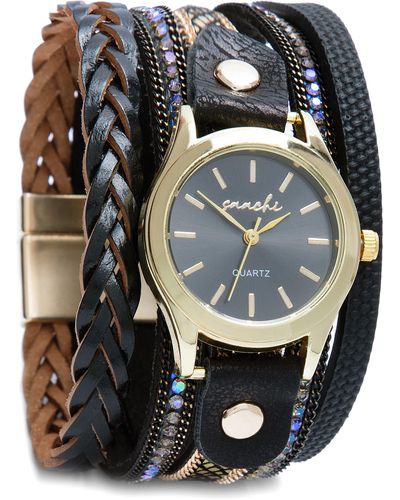 Saachi Faux Leather Strap Bracelet Watch - Black