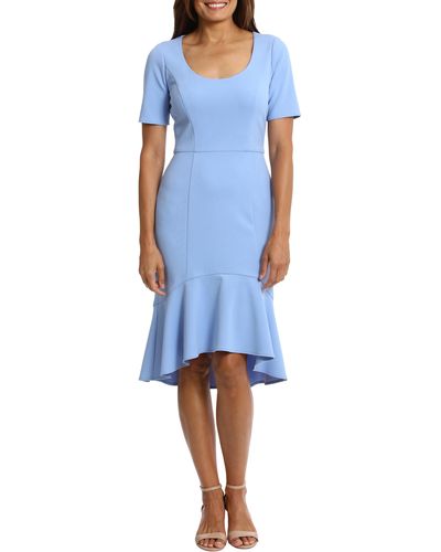 London Times Short Sleeve Flounce Hem Scuba Midi Dress - Blue