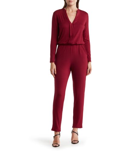 Go Couture Split Neck Long Sleeve Jumpsuit - Red