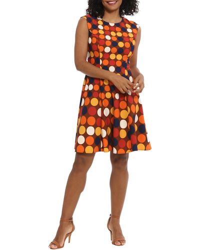 London Times Polka Dot Cap Sleeve Fit & Flare Dress - Orange