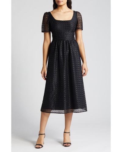 Anne Klein Puff Sleeve Geometric Lace Midi Dress - Black