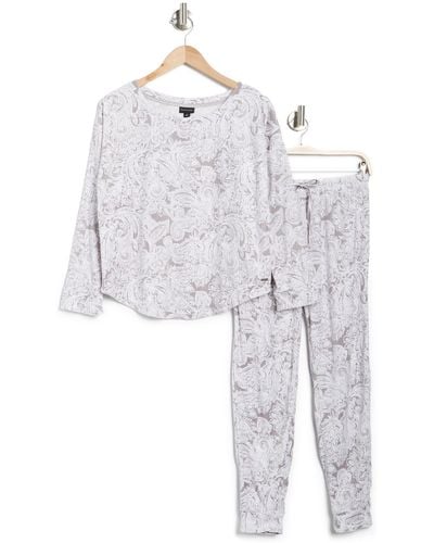 Tahari Paisley Long Sleeve Top & Sweatpants Pajamas - White