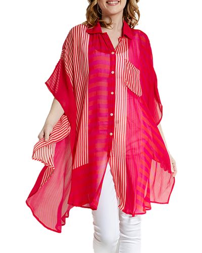 Saachi Sheer Oversize Stripe Cover Up Shirt - Red
