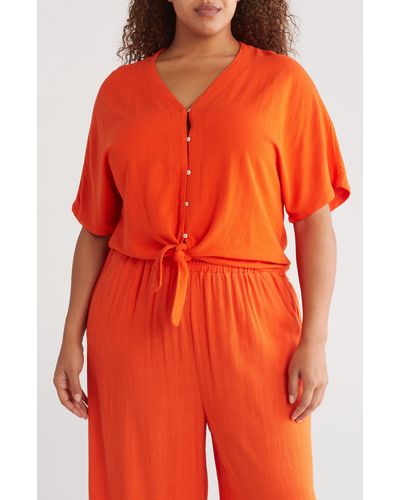 MELLODAY Tie Front Button-up Top - Orange