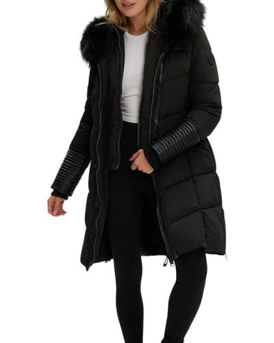 Noize Priya Water Resistant Mixed Media Parka With Faux Fur Trim - Black
