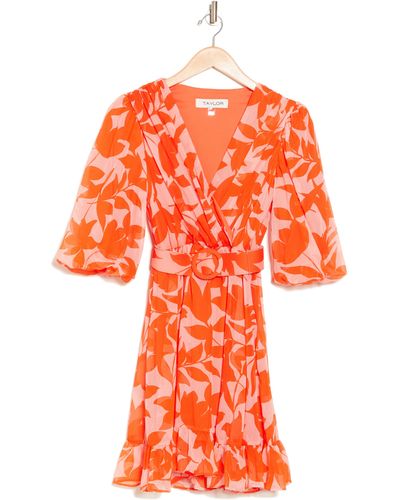 Taylor Dresses Faux Wrap Belted Dress - Orange