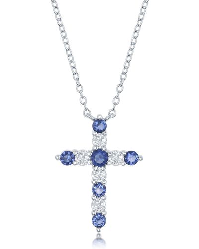 Simona Sterling Silver Sapphire & White Cz Cross Pendant Necklace - Metallic