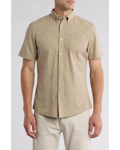14th & Union Slim Fit Short Sleeve Linen Blend Button-down Shirt - Natural