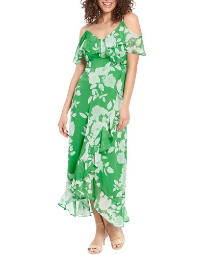 London Times Floral Ruffle Cold Shoulder Chiffon Maxi Dress - Green