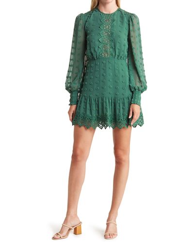 Love By Design Rina Long Sleeve Dotted Chiffon Lace Trim Dress - Green
