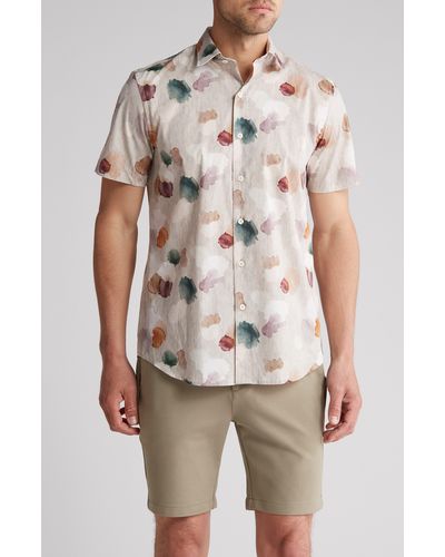 Bugatchi Orson Shaped Fit Short Sleeve Stretch Cotton Button-up Shirt - Natural