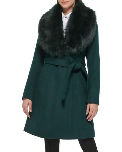 Karl Lagerfeld Faux Fur Collar Wool Blend Coat - Green