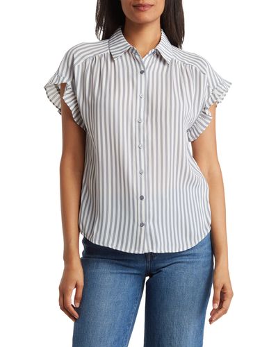 Pleione Stripe Ruffle Short Sleeve Button-up Shirt - White