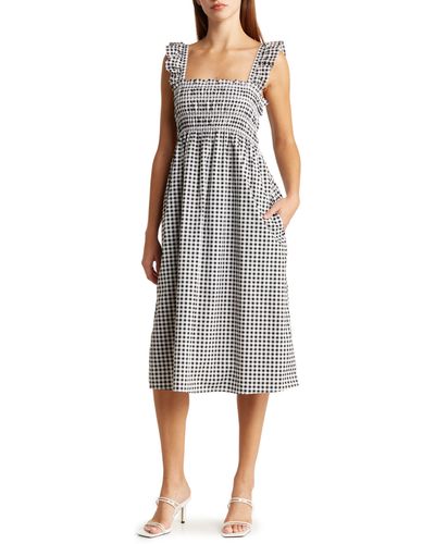 BCBGeneration Gingham Smocked Cotton Poplin Dress - Gray