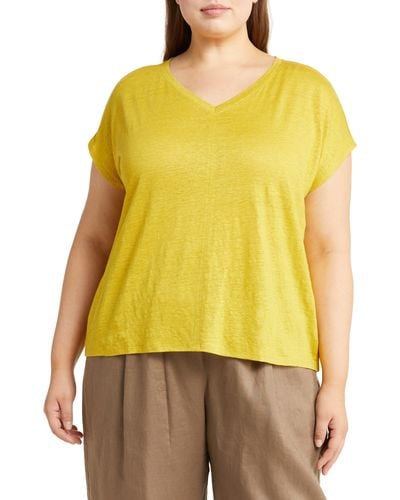 Eileen Fisher V-neck Organic Linen T-shirt - Yellow
