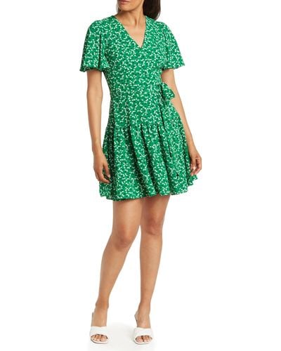 Eliza J V-neck Flutter Sleeve Fit & Flare Dress - Green