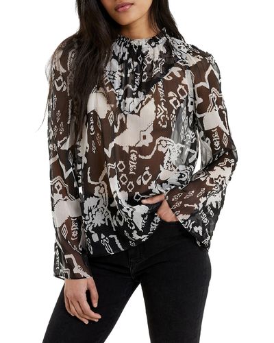 French Connection Deon Hallie Long Sleeve Popover Recycled Polyester Top - Black