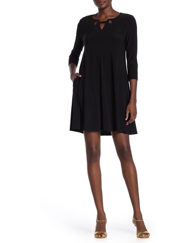 Nina Leonard Hardware Neck Long Sleeve Dress - Black