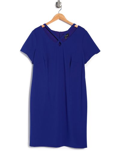 Connected Apparel Criss-cross Short Sleeve Shift Dress - Blue