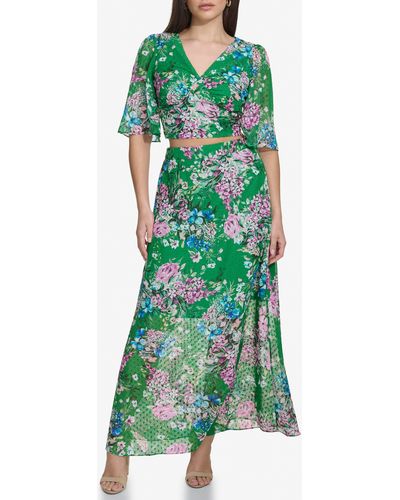 Kensie Floral Clip Dot Chiffon Two-piece Dress - Green