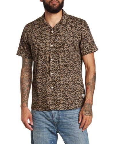 PUBLIC ART Leopard Print Short Sleeve Button-up Camp Shirt - Brown