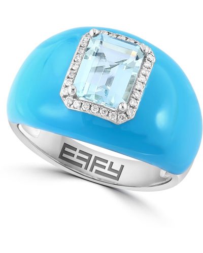 Effy 14k White Gold & Blue Enamel Aquamarine Diamond Halo Ring