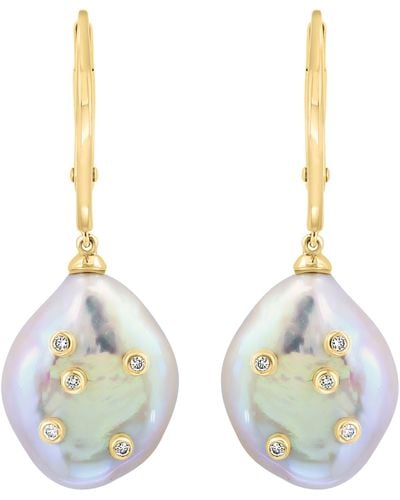 Effy 14k Gold Diamond & Freshwater Pearl Drop Earrings - Yellow