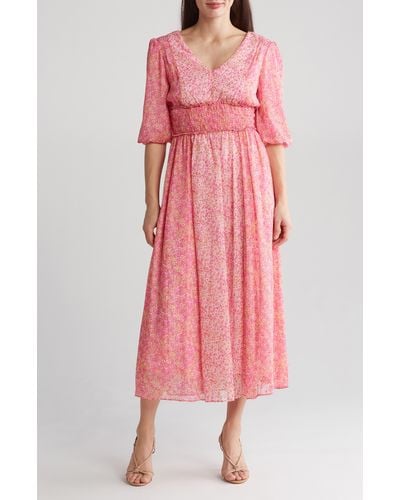 Taylor Dresses Floral Puff Sleeve Smocked Waist Maxi Dress - Pink