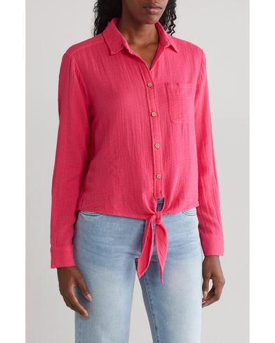 Beach Lunch Lounge Long Sleeve Tie Hem Cotton Gauze Button-up Shirt - Red