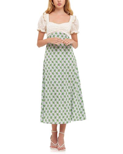 English Factory Print Skirt Puff Sleeve Dress - Green