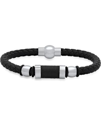 HMY Jewelry Stainless Steel & Braided Leather Bracelet - Black