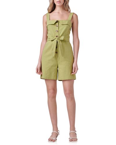English Factory Belted Linen & Cotton Button-up Romper - Green