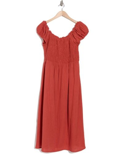 Boho Me Off The Shoulder Cotton Smocked Midi Dress - Red