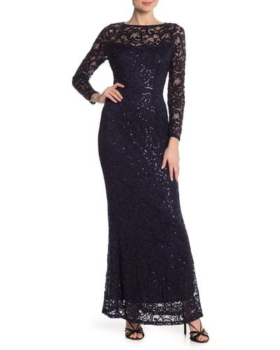 Marina Sequin Lace Long Sleeve Gown - Blue