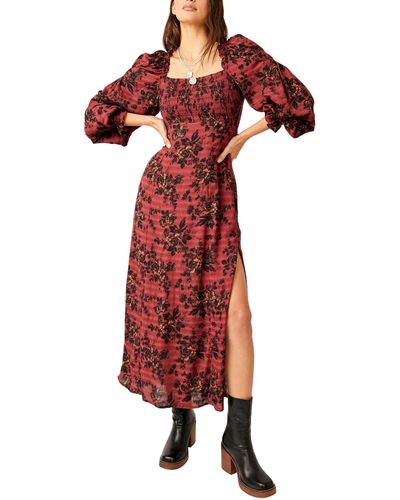 Free People Jaymes Floral Smocked Long Sleeve Maxi Dress - Red