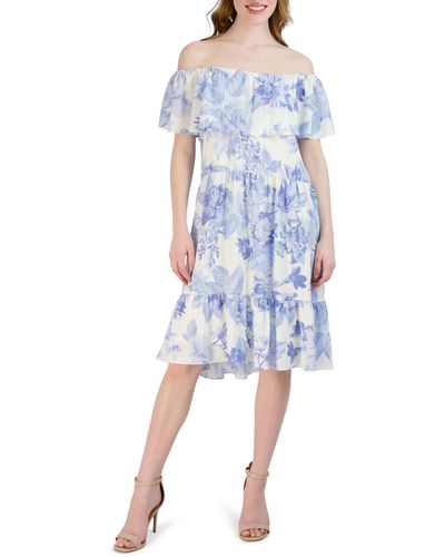 Sandra Darren Off The Shoulder Ruffle Floral Dress - Blue