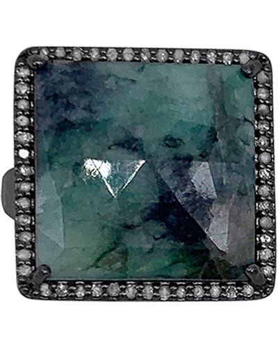Adornia Fine Sterling Silver Princess Cut Emerald & Diamond Halo Ring - Green
