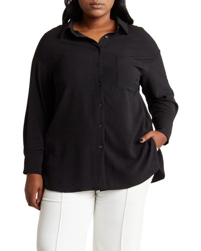 Adrianna Papell Long Sleeve Button-up Tunic Shirt - Black