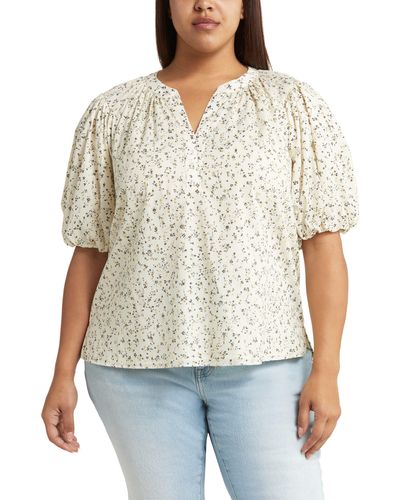 Vince Camuto Floral Print Metallic Puff Sleeve Blouse - White