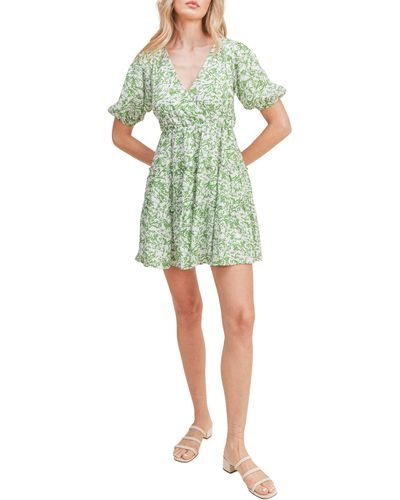 Lush Patterned Puff Sleeve Dress - Green